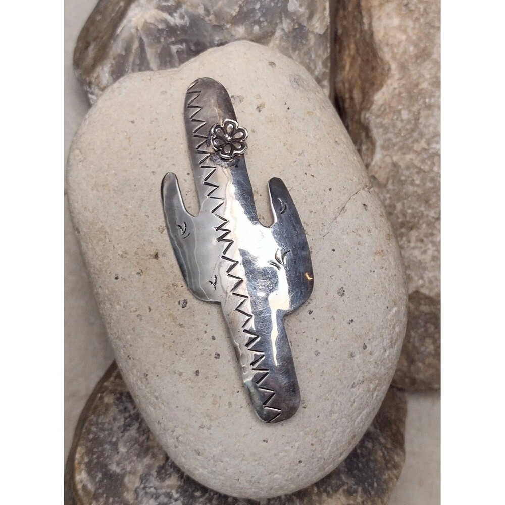 Vintage STERLING Silver Cactus & Flower Brooch Pin 3"